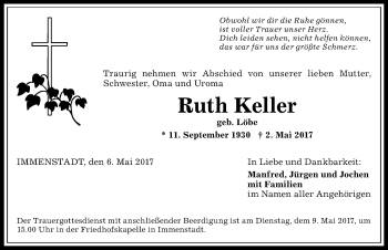Traueranzeige von Ruth Keller von Allgäuer Anzeigeblatt