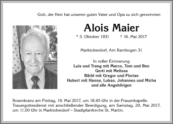 Traueranzeige von Alois Maier von Allgäuer Zeitung, Marktoberdorf