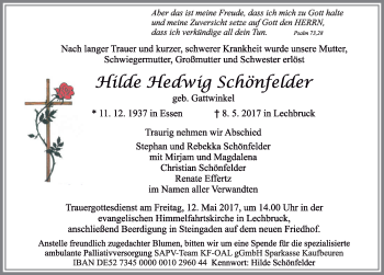 Traueranzeige von Hilde Hedwig Schönfelder von Allgäuer Zeitung, Füssen