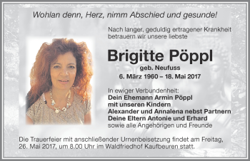 Traueranzeige von Brigitte Pöppl von Allgäuer Zeitung, Kaufbeuren/Buchloe