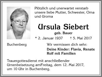 Traueranzeige von Ursula Siebert von Allgäuer Zeitung,Kempten
