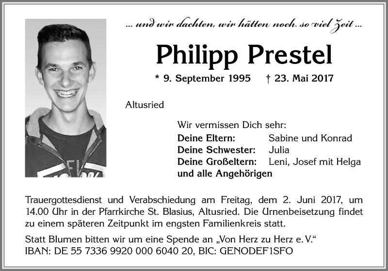 Traueranzeige für Philipp Prestel vom 31.05.2017 aus Allgäuer Zeitung, Gesamtausgabe