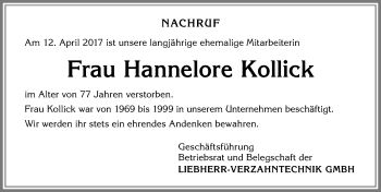Traueranzeige von Hannelore Kollick von Allgäuer Zeitung,Kempten