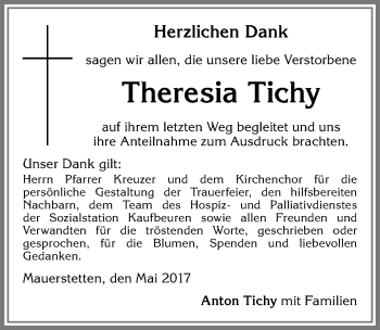 Traueranzeige von Theresia Tichy von Allgäuer Zeitung, Kaufbeuren/Buchloe