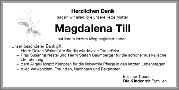 Traueranzeige von Magdalena Till von Memminger Zeitung