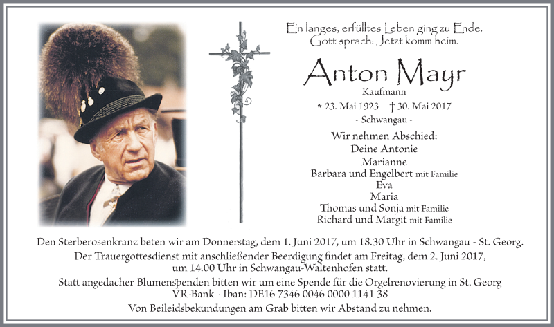  Traueranzeige für Anton Mayr vom 31.05.2017 aus Allgäuer Zeitung, Füssen