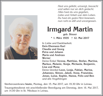 Traueranzeige von Irmgard Martin von Allgäuer Zeitung, Kaufbeuren/Buchloe