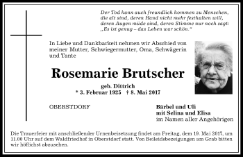 Traueranzeige von Rosemarie Brutscher von Allgäuer Anzeigeblatt