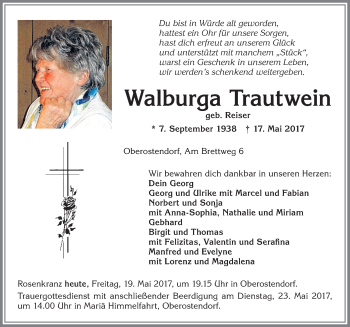 Traueranzeige von Walburga Tra-utwein von Allgäuer Zeitung, Kaufbeuren/Buchloe