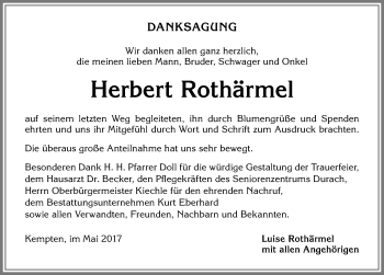 Traueranzeige von Herbert Rothärmel von Allgäuer Zeitung,Kempten