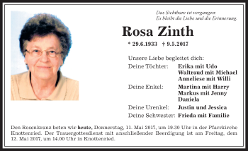 Traueranzeige von Rosa Zinth von Allgäuer Anzeigeblatt