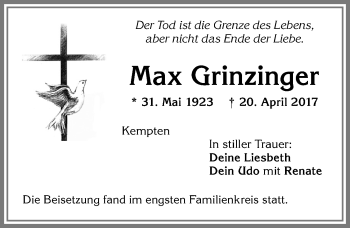 Traueranzeige von Max Grinzinger von Allgäuer Zeitung,Kempten