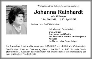 Traueranzeige von Johanna Reinhardt von Allgäuer Zeitung,Kempten