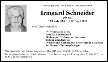 Traueranzeige von Irmgard Schneider von Allgäuer Anzeigeblatt