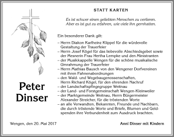 Traueranzeige von Peter Dinser von Allgäuer Zeitung,Kempten