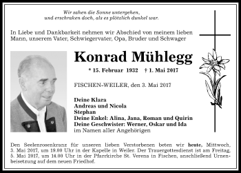 Traueranzeige von Konrad Mühlegg von Allgäuer Anzeigeblatt