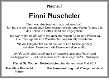 Traueranzeige von Finni Nuscheler von Allgäuer Zeitung, Marktoberdorf