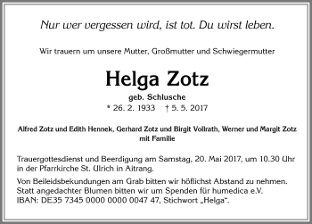 Traueranzeige von Helga Zotz von Allgäuer Zeitung, Marktoberdorf