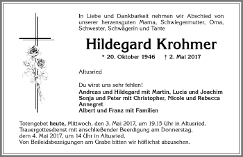 Traueranzeige von Hildegard Krohmer von Allgäuer Zeitung,Kempten