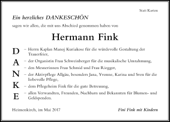 Traueranzeige von Hermann Fink von Der Westallgäuer