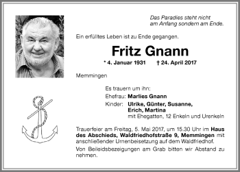 Traueranzeige von Fritz Gnann von Memminger Zeitung