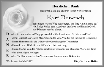Traueranzeige von Kurt Benesch von Allgäuer Zeitung, Füssen