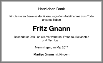 Traueranzeige von Fritz Gnann von Memminger Zeitung