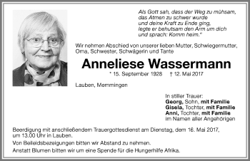 Traueranzeige von Anneliese Wassermann von Memminger Zeitung