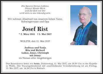 Traueranzeige von Josef Rist von Allgäuer Anzeigeblatt