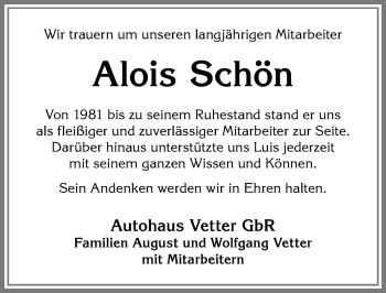 Traueranzeige von Alois Schön von Allgäuer Zeitung,Kempten