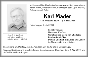 Traueranzeige von Karl Mader von Allgäuer Zeitung, Marktoberdorf