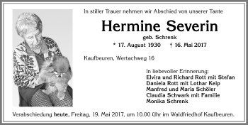 Traueranzeige von Hermine Severin von Allgäuer Zeitung, Kaufbeuren/Buchloe