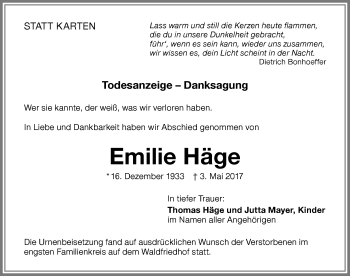 Traueranzeige von Emilie Häge von Memminger Zeitung