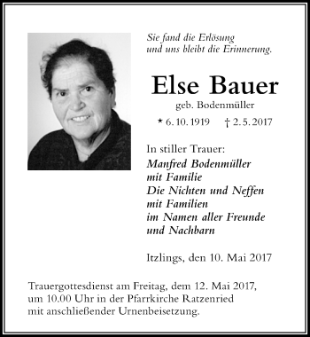 Traueranzeige von Else Bauer von Der Westallgäuer
