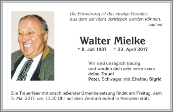 Traueranzeige von Walter Mielke von Allgäuer Zeitung,Kempten