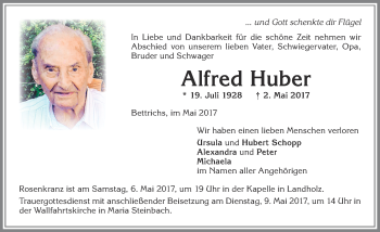 Traueranzeige von Alfred Huber von Allgäuer Zeitung
