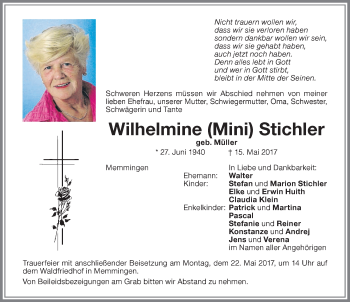Traueranzeige von Wilhelmine Mini Stichler von Memminger Zeitung