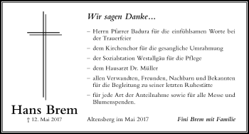 Traueranzeige von Hans Brem von Der Westallgäuer
