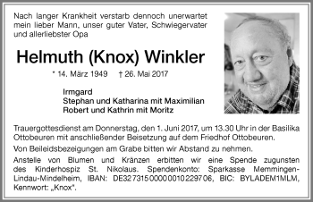 Traueranzeige von Helmuth Winkler von Memminger Zeitung