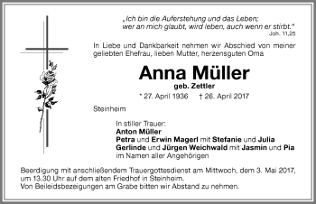 Traueranzeige von Anna Müller von Memminger Zeitung