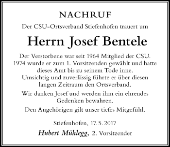 Traueranzeige von Josef Bentele von Der Westallgäuer