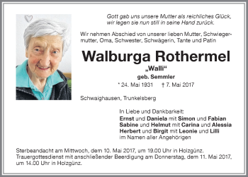 Traueranzeige von Walburga Rothermel von Memminger Zeitung
