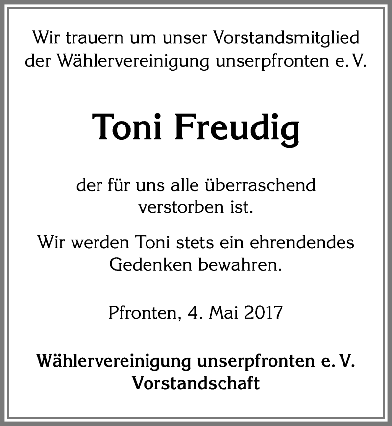  Traueranzeige für Toni Freudig vom 04.05.2017 aus Allgäuer Zeitung, Füssen