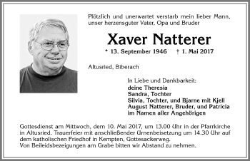 Traueranzeige von Xaver Natterer von Allgäuer Zeitung,Kempten