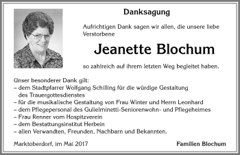 Traueranzeige von Jeanette Blochum von Allgäuer Zeitung, Marktoberdorf