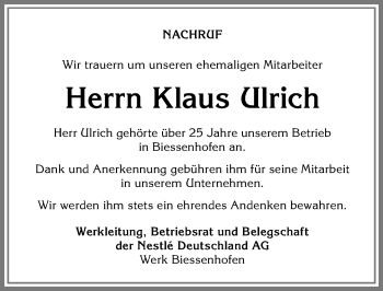 Traueranzeige von Klaus Ulrich von Allgäuer Zeitung