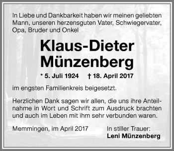 Traueranzeige von Klaus-Dieter Münzenberg von Memminger Zeitung