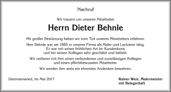 Traueranzeige von Dieter Behnle von Allgäuer Zeitung,Kempten