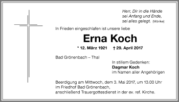 Traueranzeige von Erna Koch von Memminger Zeitung