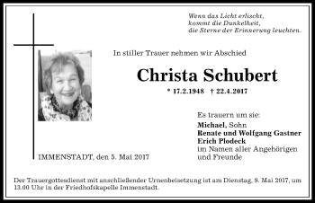 Traueranzeige von Christa Schubert von Allgäuer Anzeigeblatt
